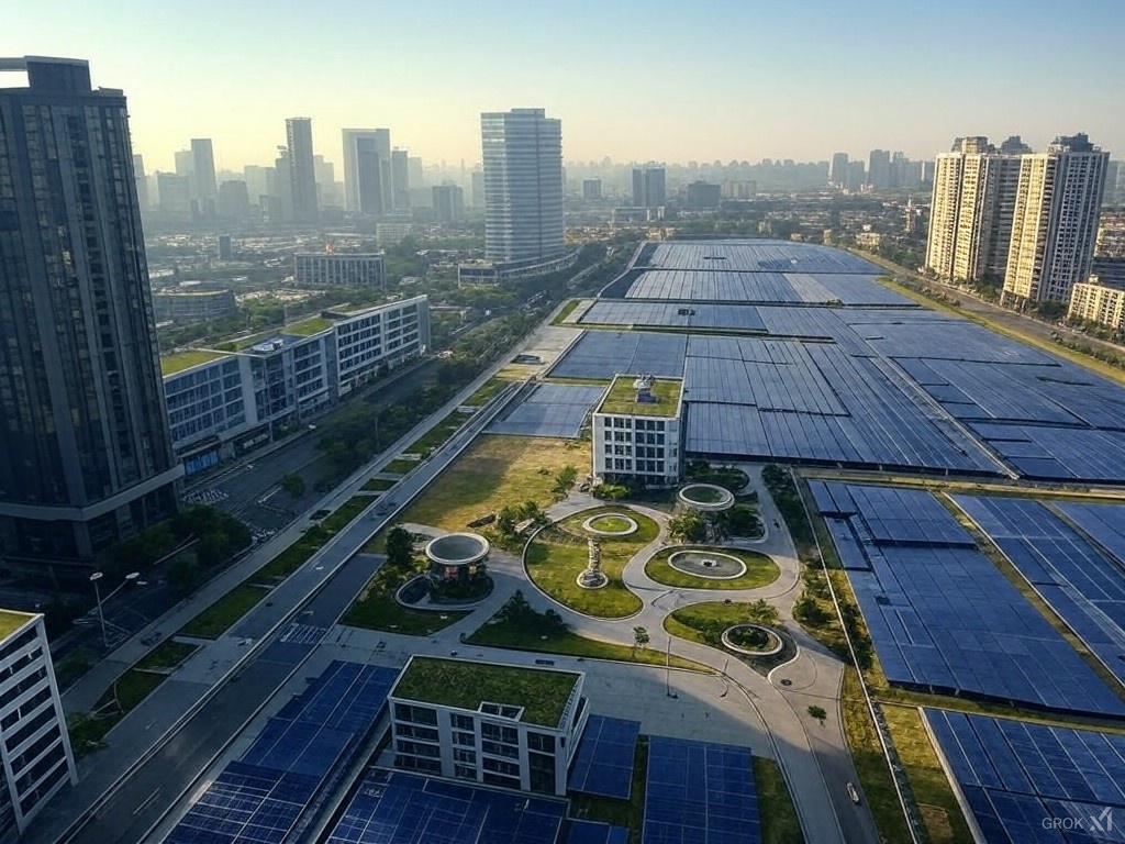 A cityscape featuring extensive solar panel installations, showcasing the potential of triple